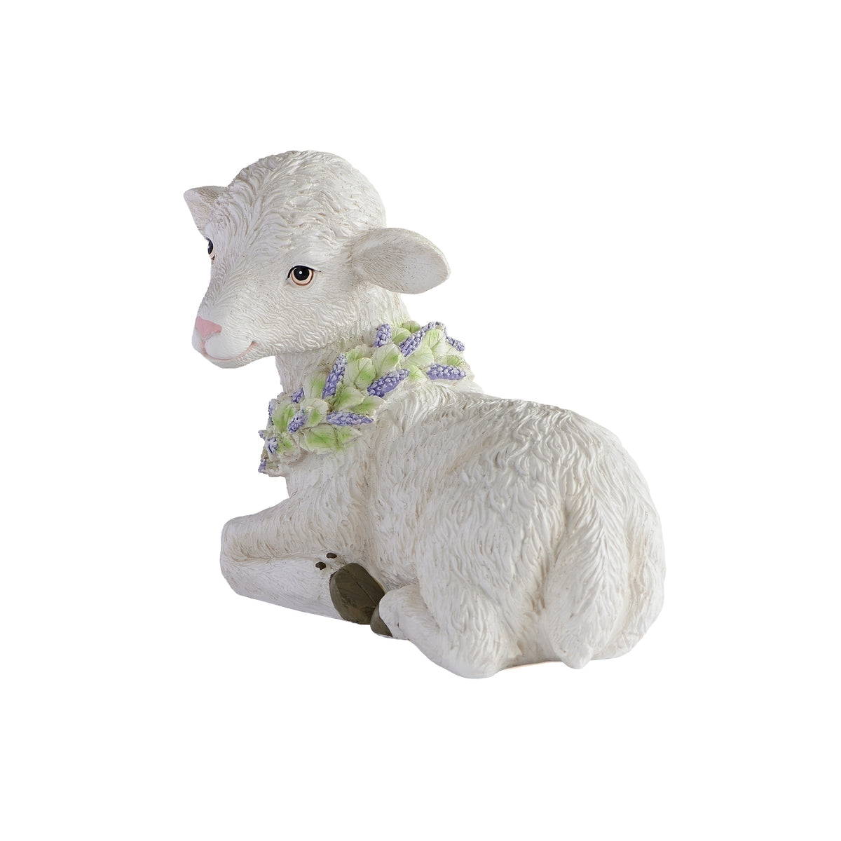 Front angled view of seated Easter lamb with spring flower wreath