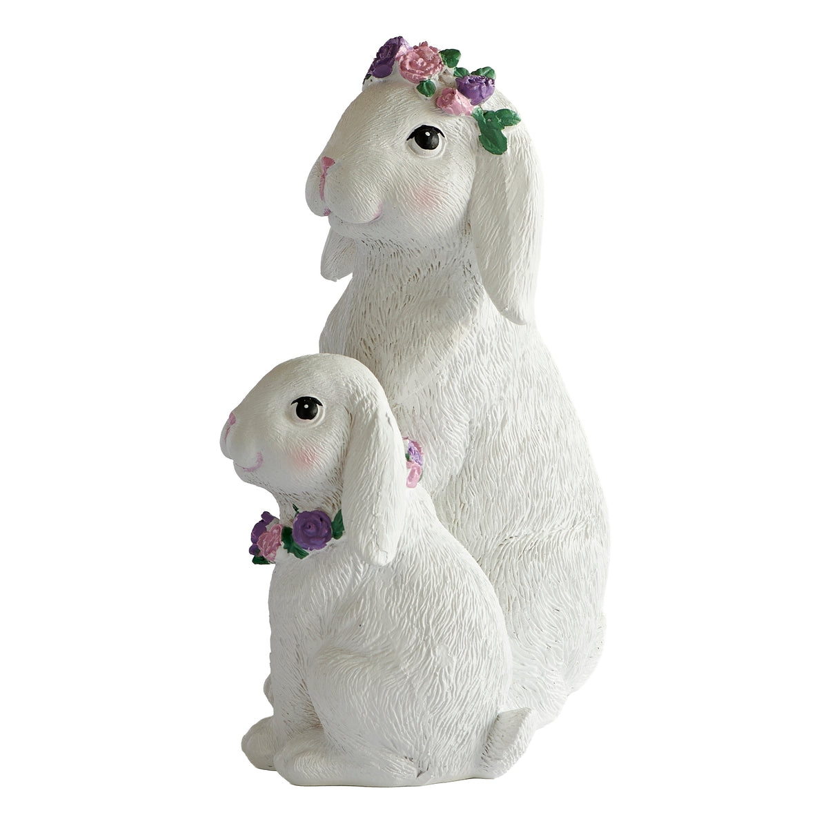 Front angled view of Easter bunny duo with flower crown and necklace