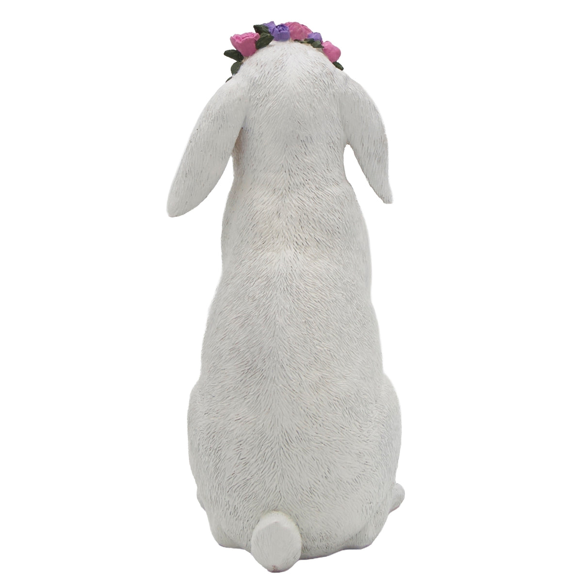 Back view of standing white Easter bunny with flower crown