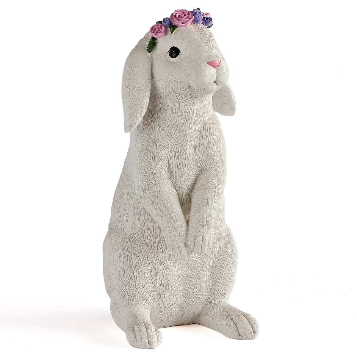 Front angled view of white Easter bunny figure with floral crown