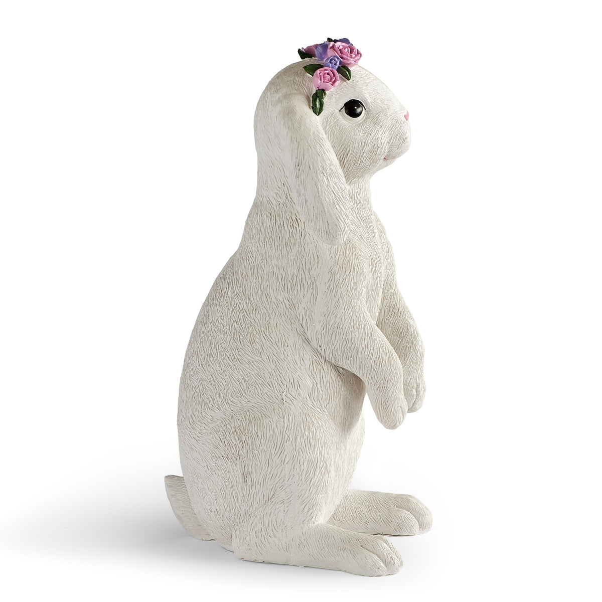 Side view of standing Easter bunny decoration with pink flower crown