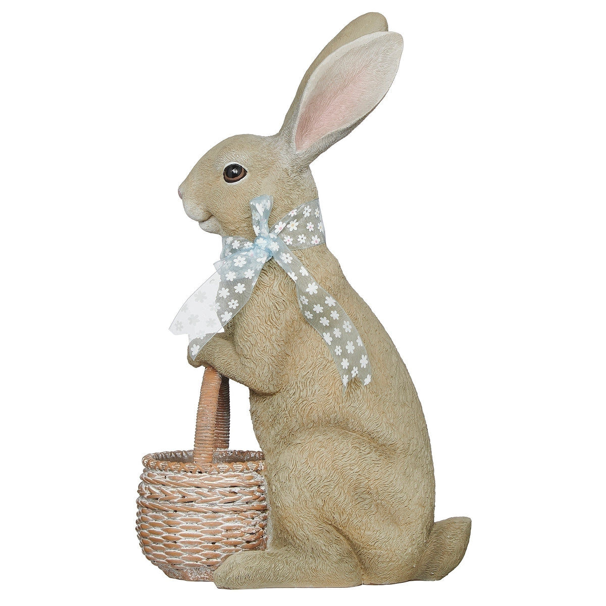 Side view of Easter bunny basket planter with decorative bow