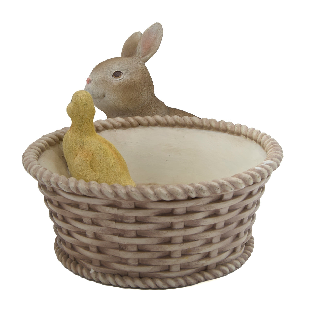 Side view of woven Easter basket planter with bunny and duck