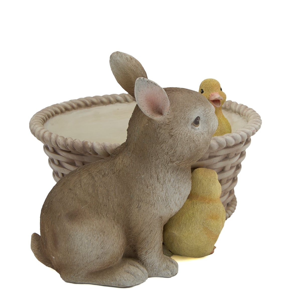 Back view of Easter bunny chick and duck basket planter