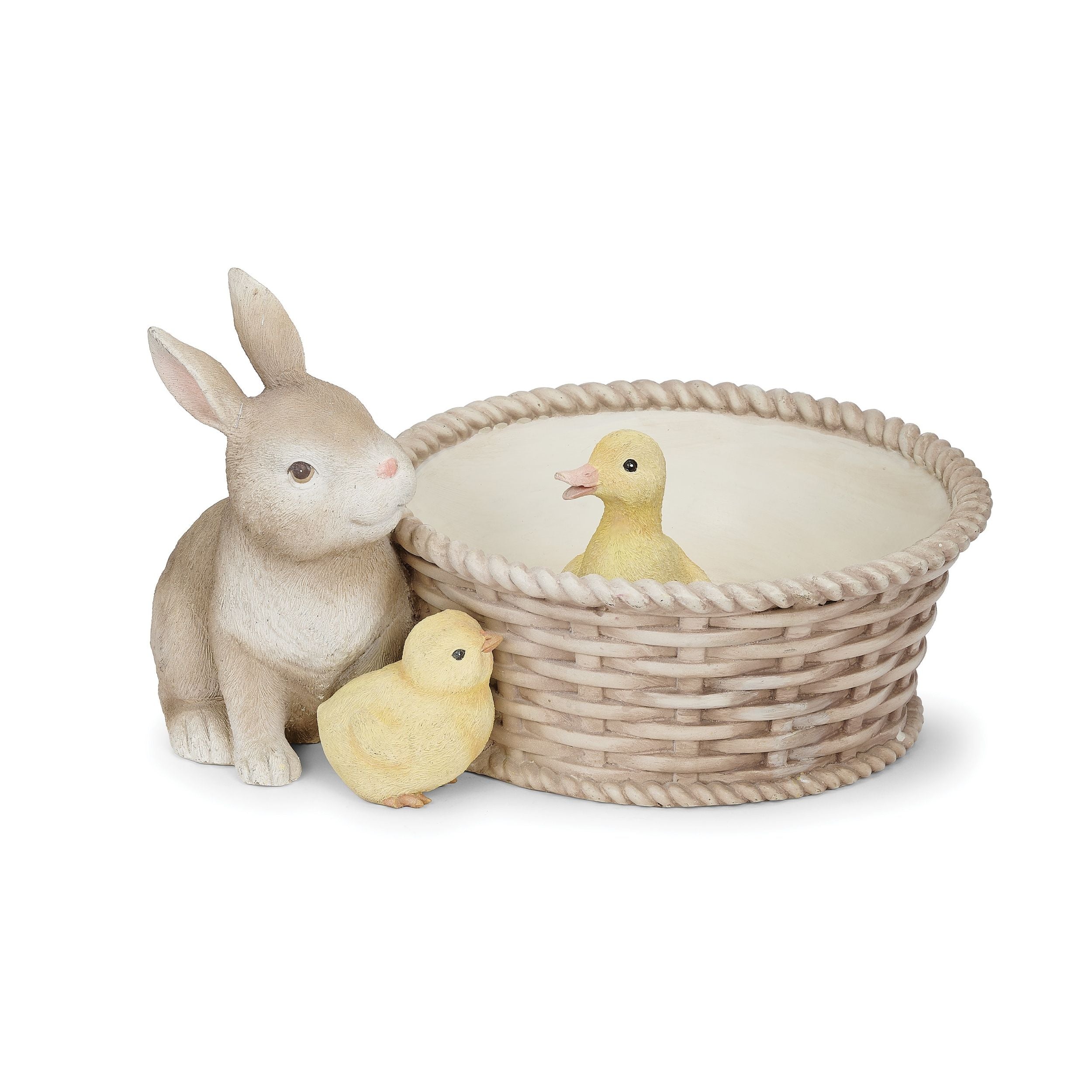 Decorative basket with rabbit and ducklings on a white background
