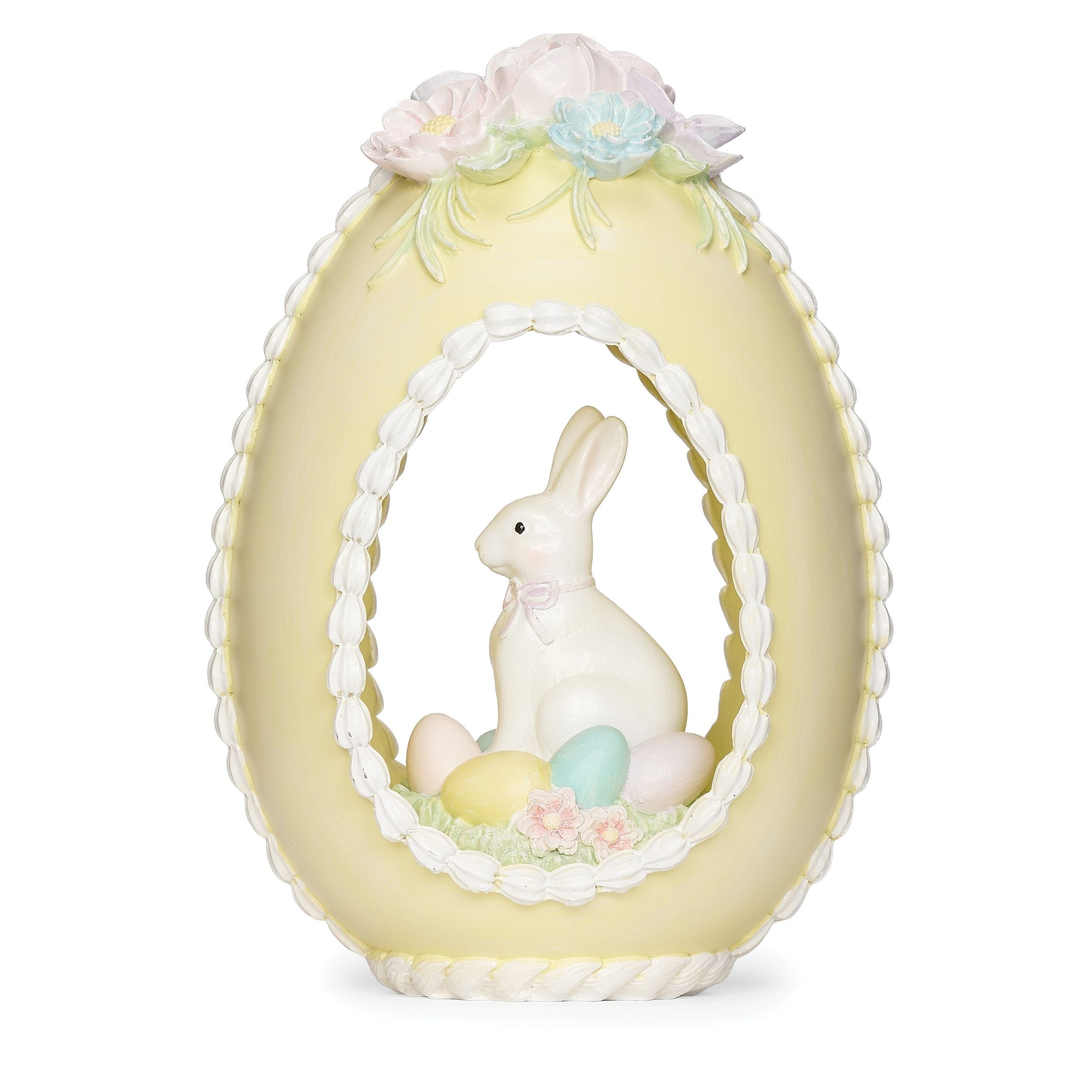 Decorative Easter egg with a rabbit and flowers on a white background