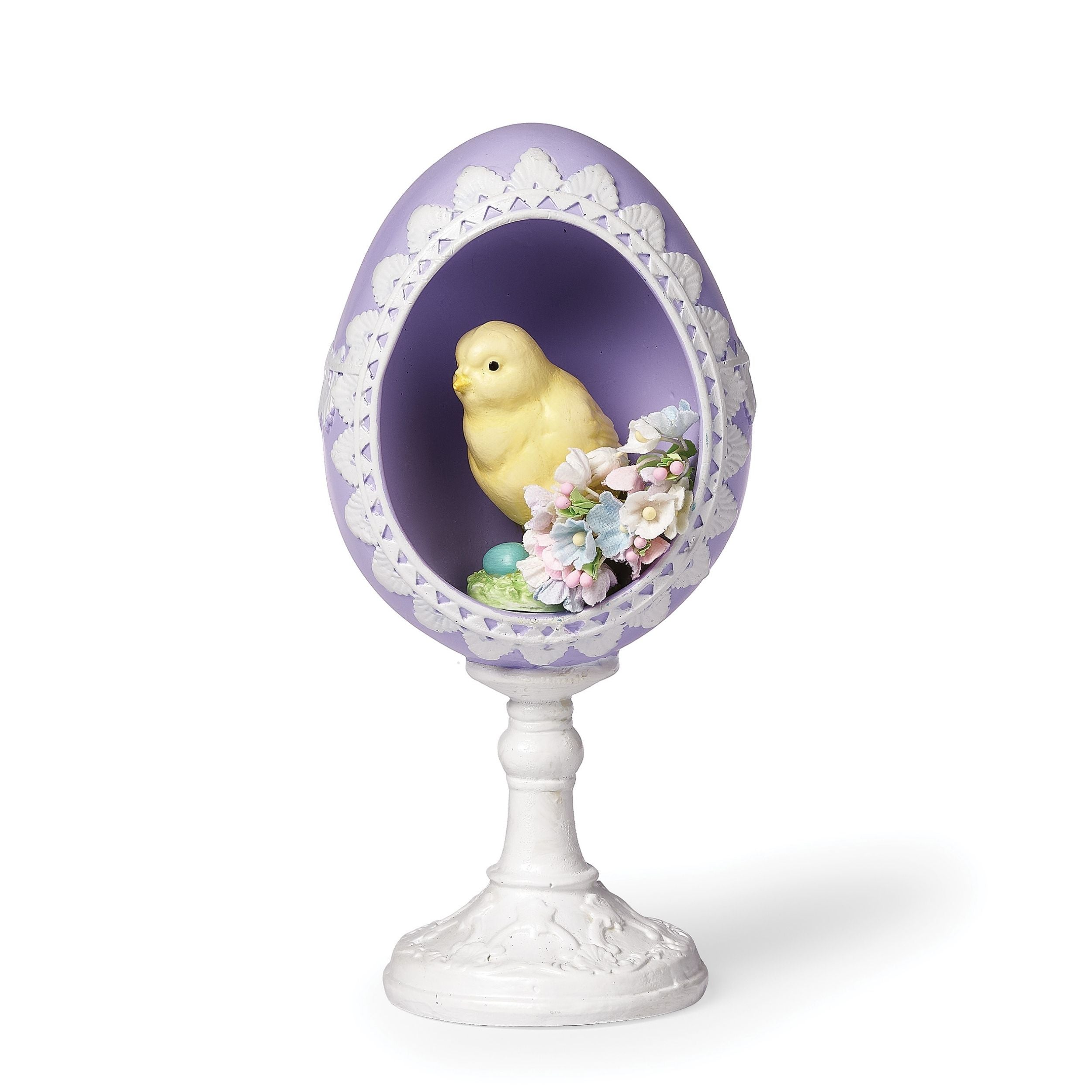 Decorative egg with a chick and flowers on a white background