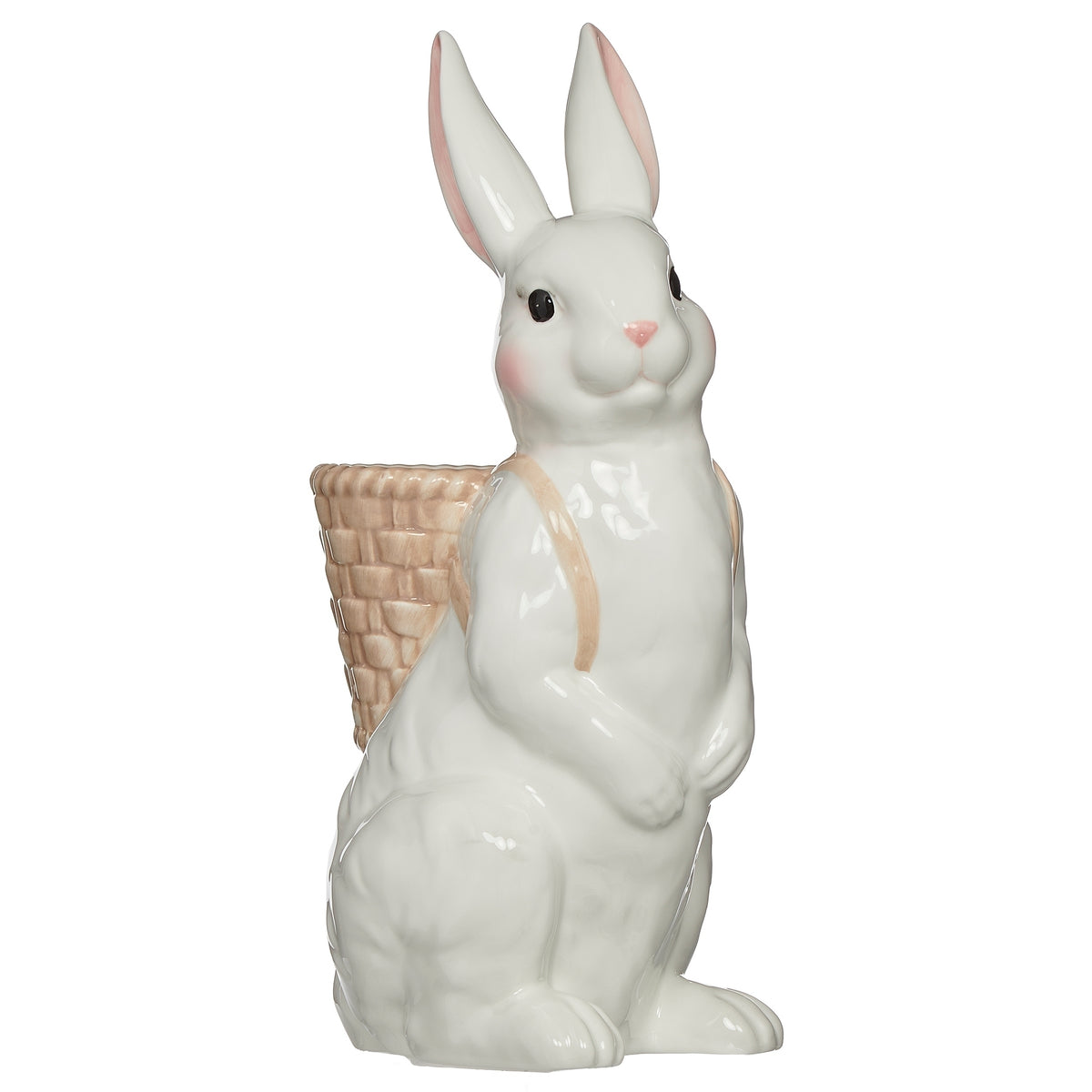 Front view of white ceramic bunny planter with basket backpack