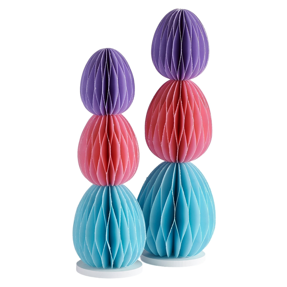 Colorful honeycomb Easter egg tower decorations with stacked blue, coral, and purple eggs