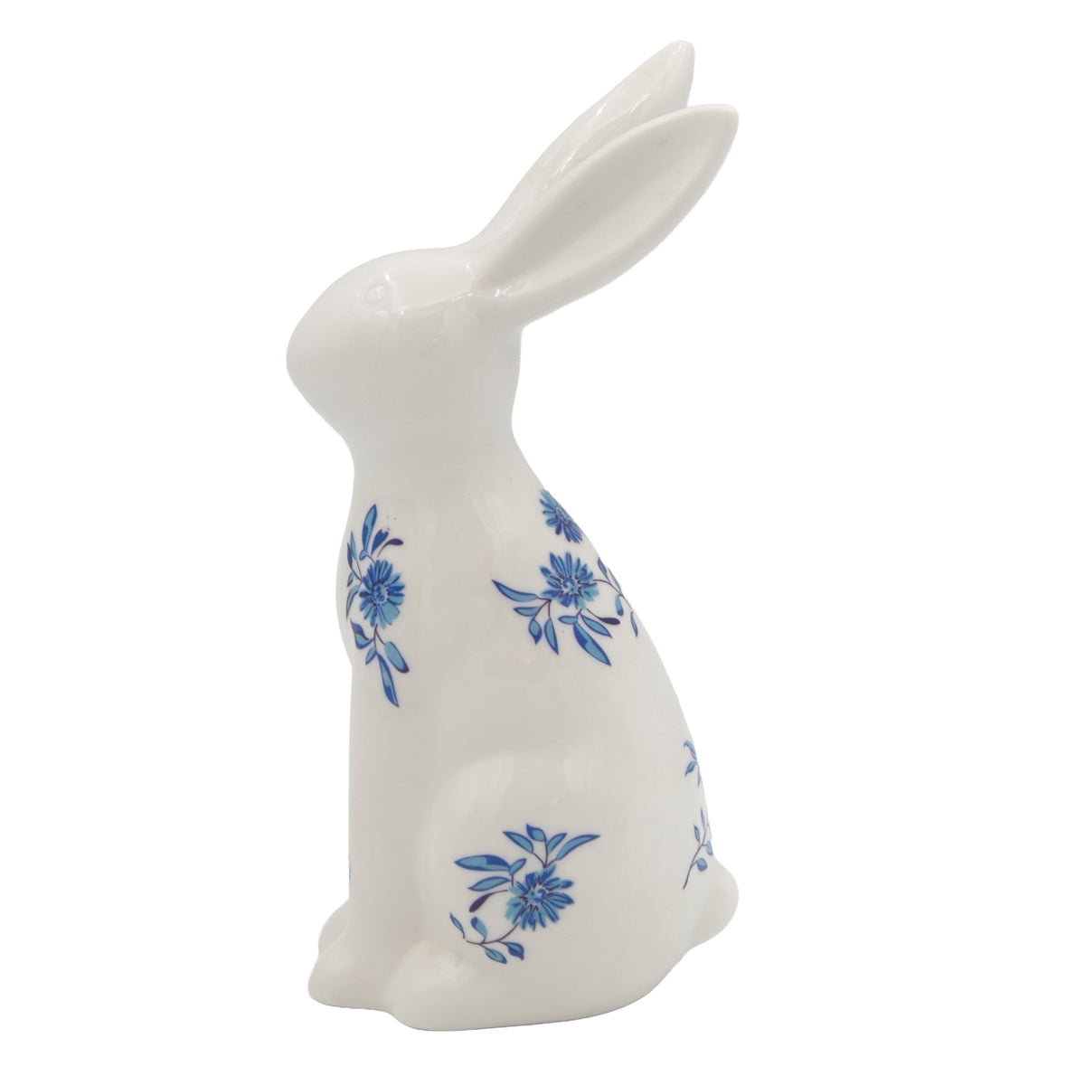 Standing Blue Willow Bunny porcelain figure with blue floral design, left side view
