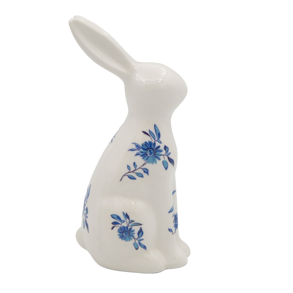 Standing Blue Willow Bunny porcelain figure with blue floral design, right side view
