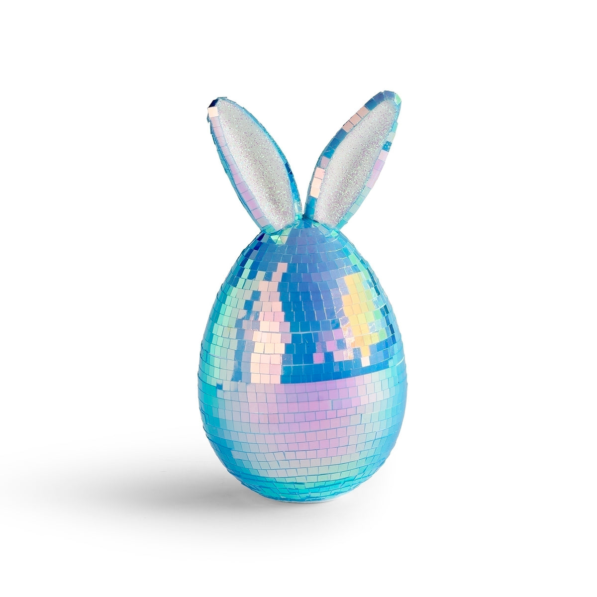 Angled view of iridescent mirror ball Easter egg with bunny ears