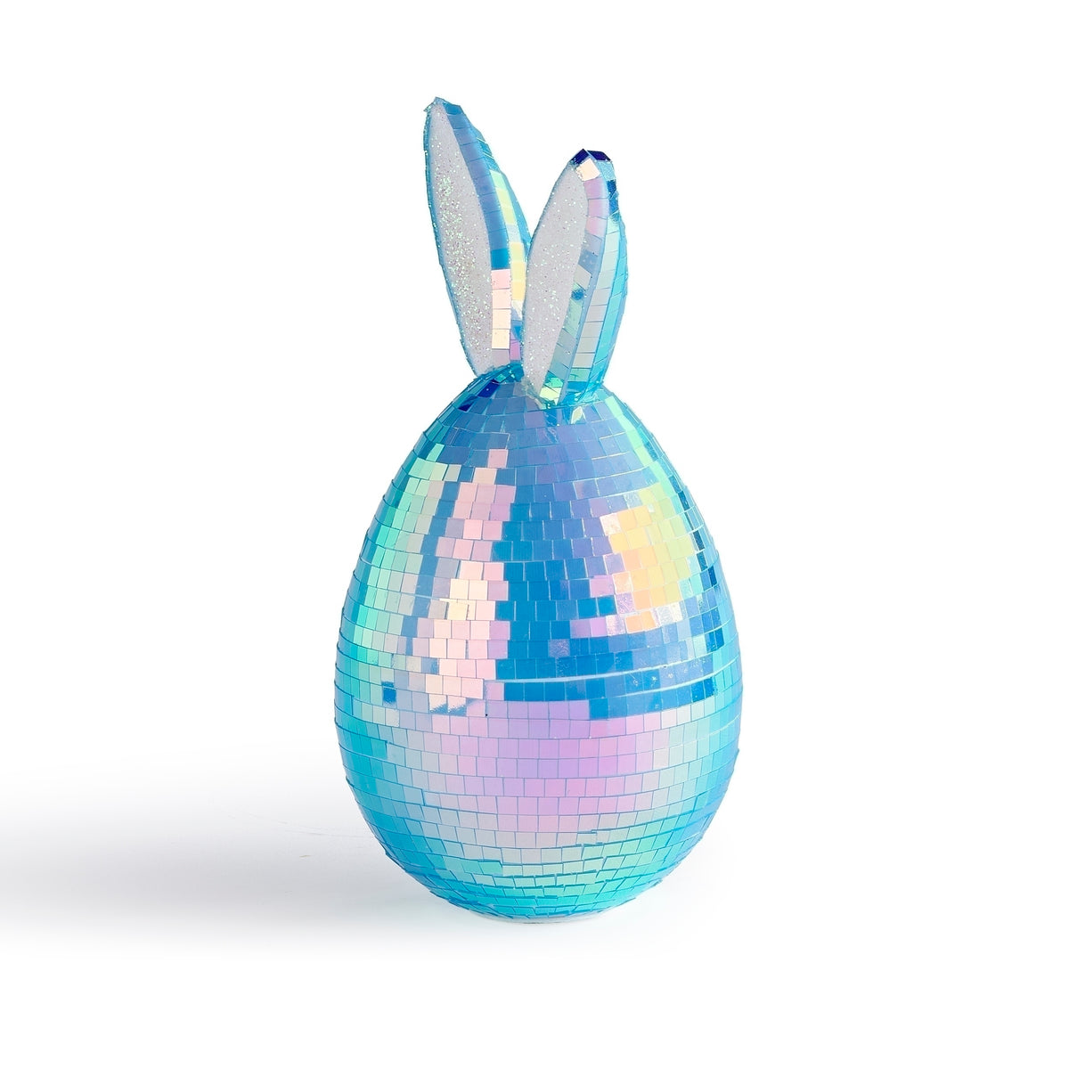 Side view of reflective Easter egg mirror ball decoration with bunny ears