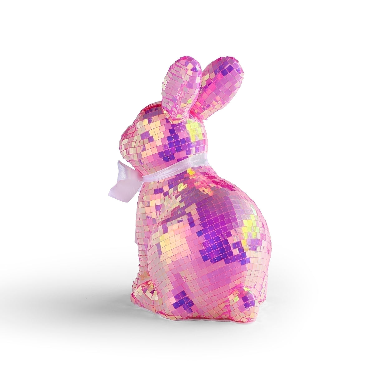 Angled view of sitting mirror ball Easter bunny figure with ribbon