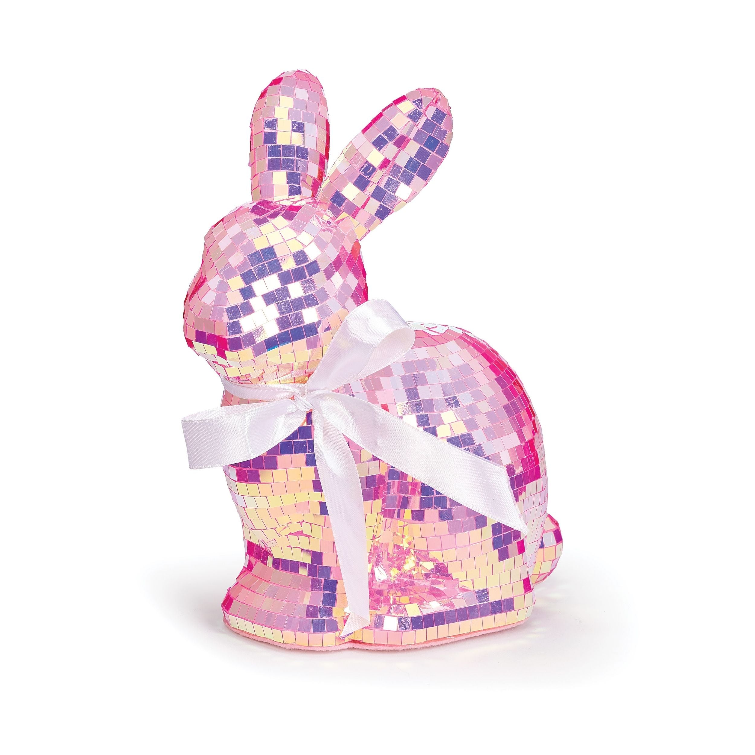 Decorative rabbit figure with mosaic pattern and white ribbon on a white background