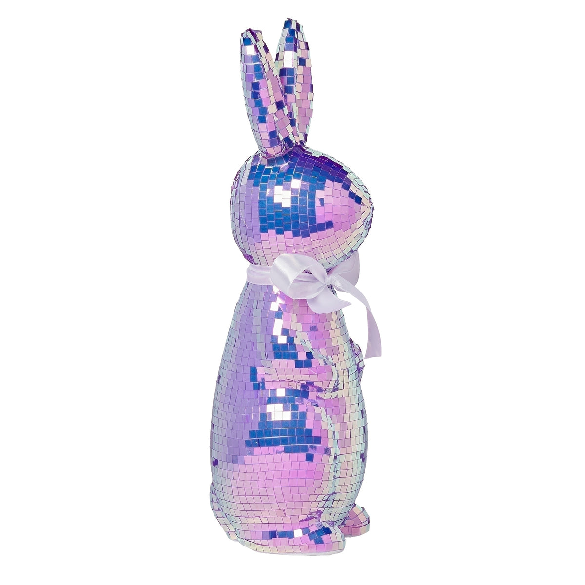 Front view of standing iridescent mirror ball bunny Easter decoration