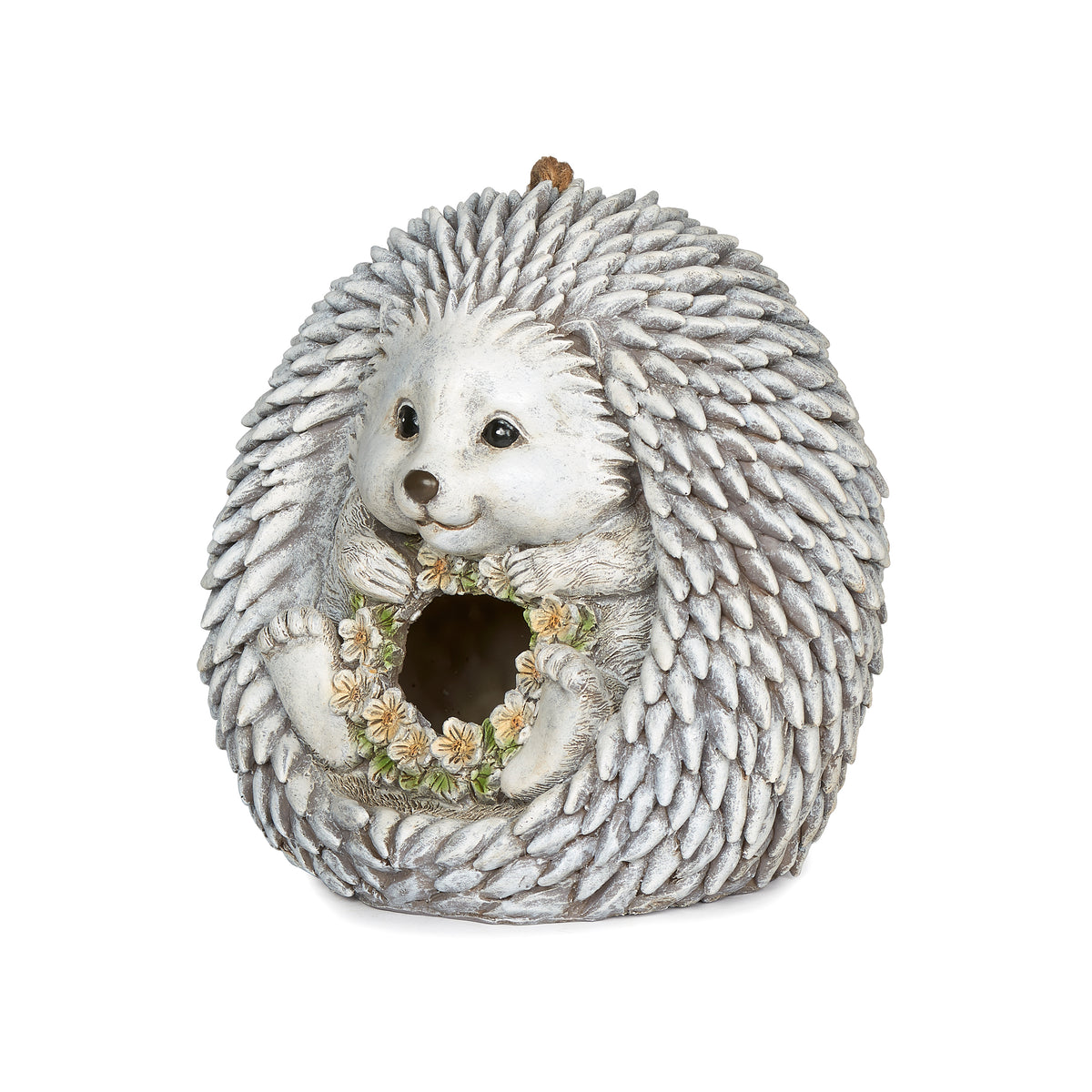 Front view of Pudgy Pals Hedgehog Birdhouse showing the hedgehog face, floral wreath, textured quills, and birdhouse entrance