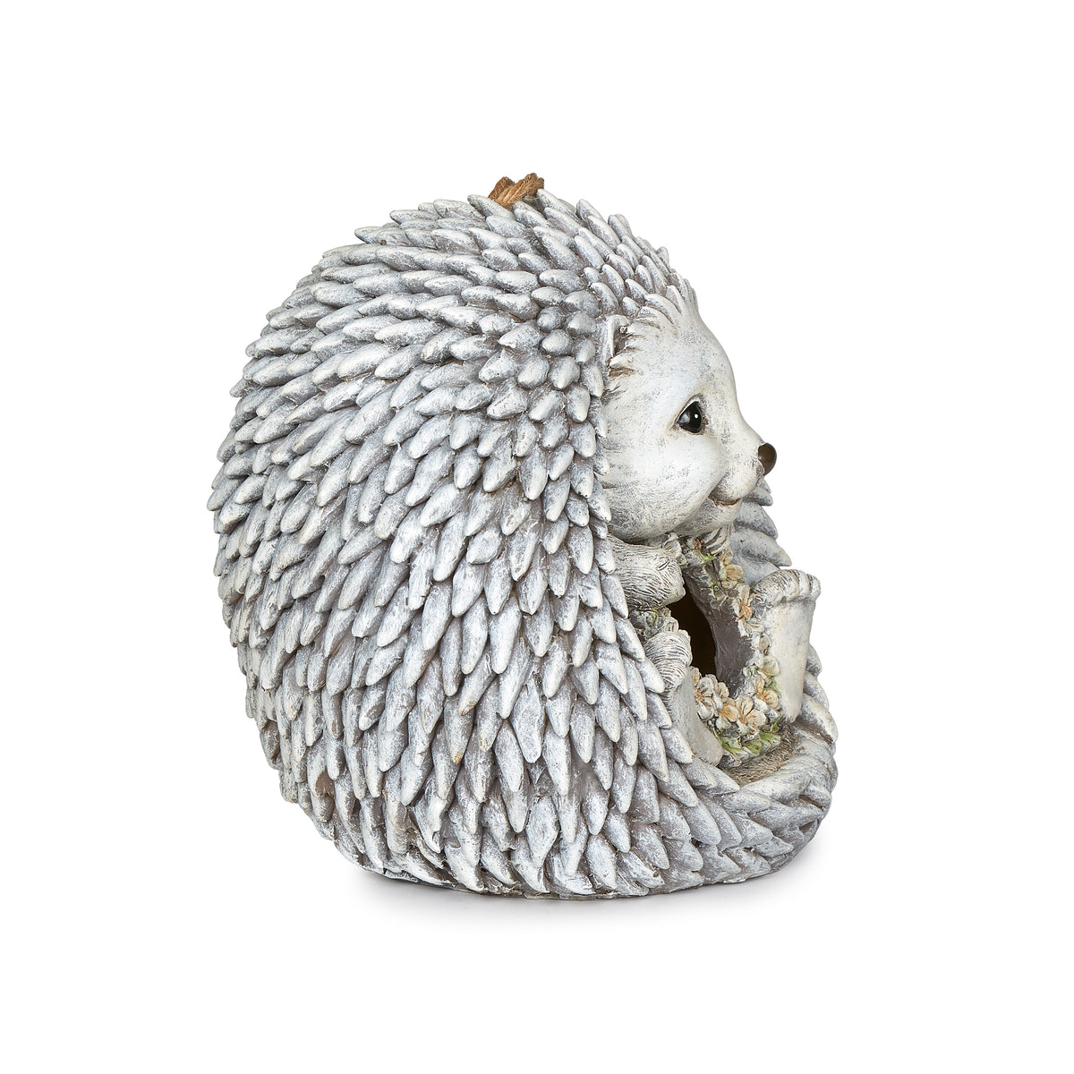 Side view of Pudgy Pals Hedgehog Birdhouse showing the hedgehog profile, floral details, and textured quills
