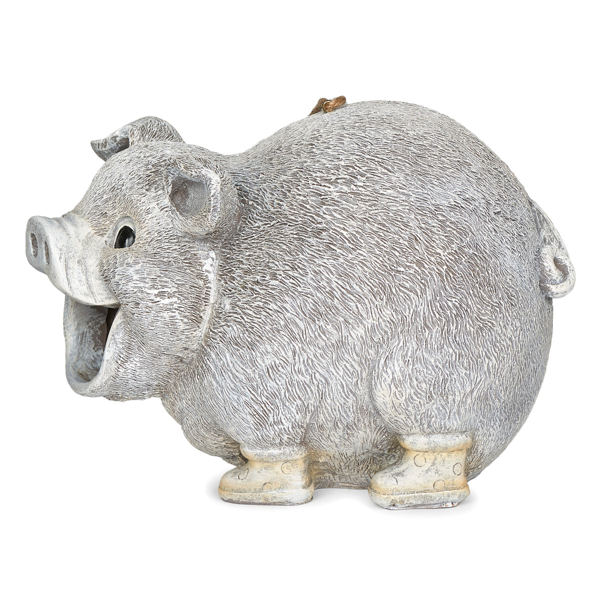 Front angled view of Pudgy Pals Pig with Rain Boots Birdhouse showing the cheerful pig face, textured body, and rain boots