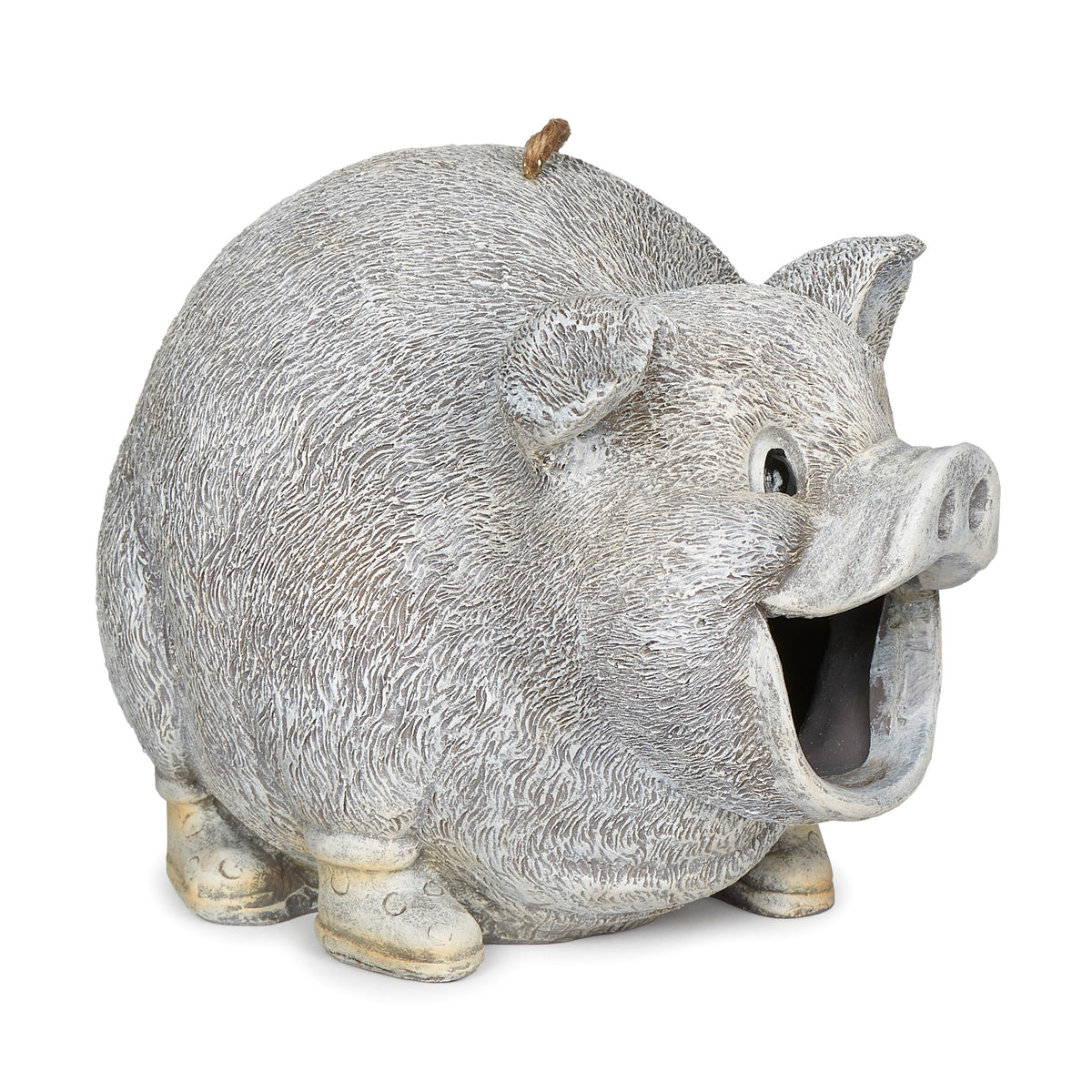 Side view of Pudgy Pals Pig with Rain Boots Birdhouse showing the large birdhouse opening, rounded body, and sculpted boots