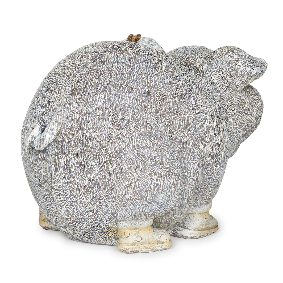 Back view of Pudgy Pals Pig with Rain Boots Birdhouse showing the rounded textured body, curled tail, and rain boots