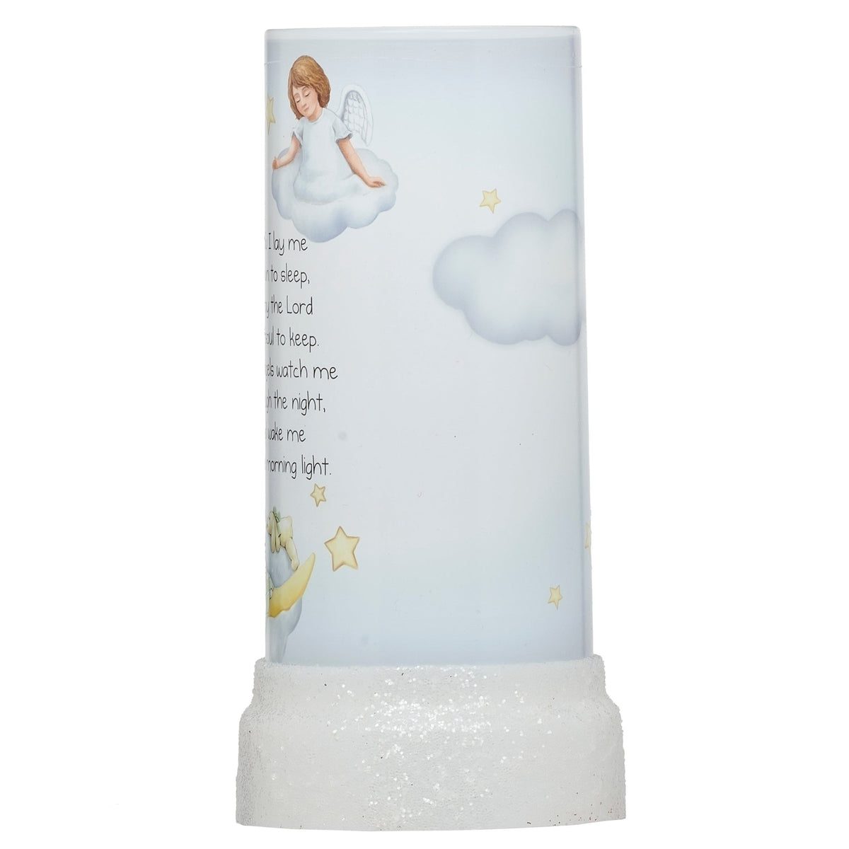 Front view of Lighted Sweet Dreams Candle Projector showing the bedtime prayer artwork and white base