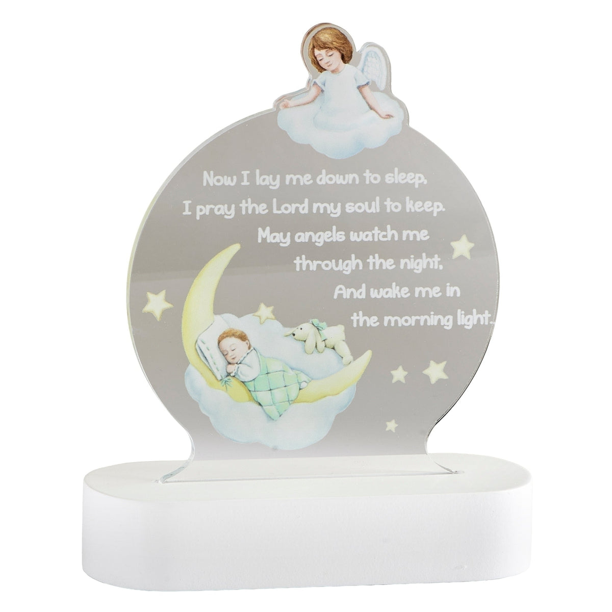 Back view of Now I Lay Me Down to Sleep Lighted Prayer Plaque showing the rounded acrylic design, guardian angel, crescent moon scene, and white base