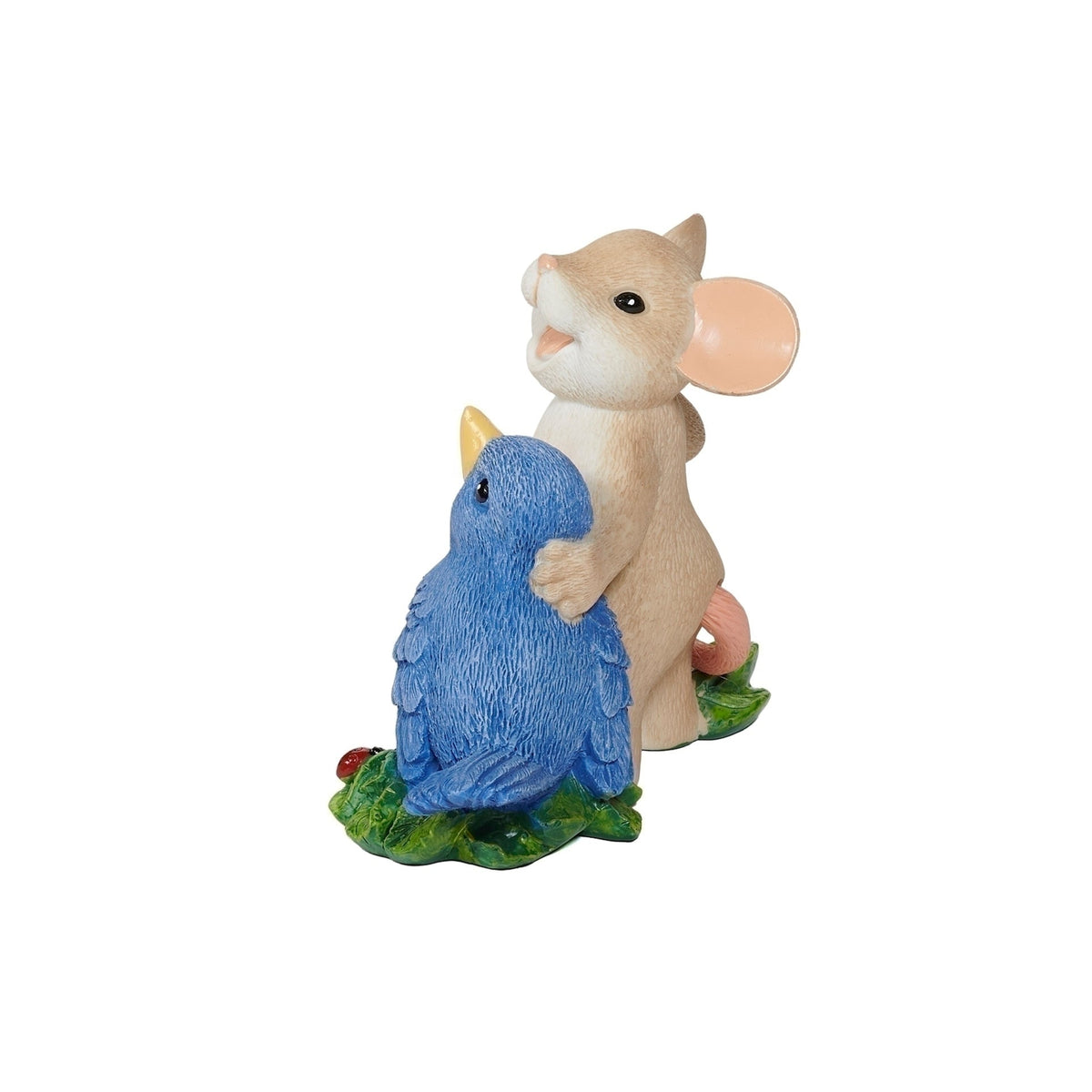 Side view of Charming Tails Bluebird of Happiness figure showing the mouse, bluebird, and sculpted nature details