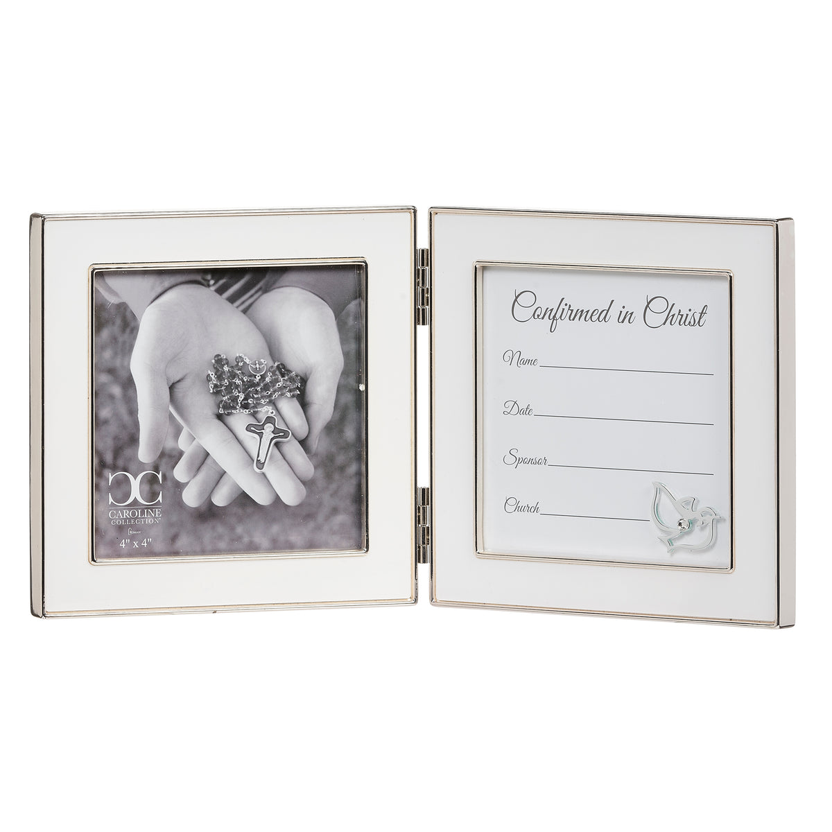 Front view of Caroline Collection Confirmation Hinged Memory Picture Frame opened to display a photo beside the Confirmation certificate insert