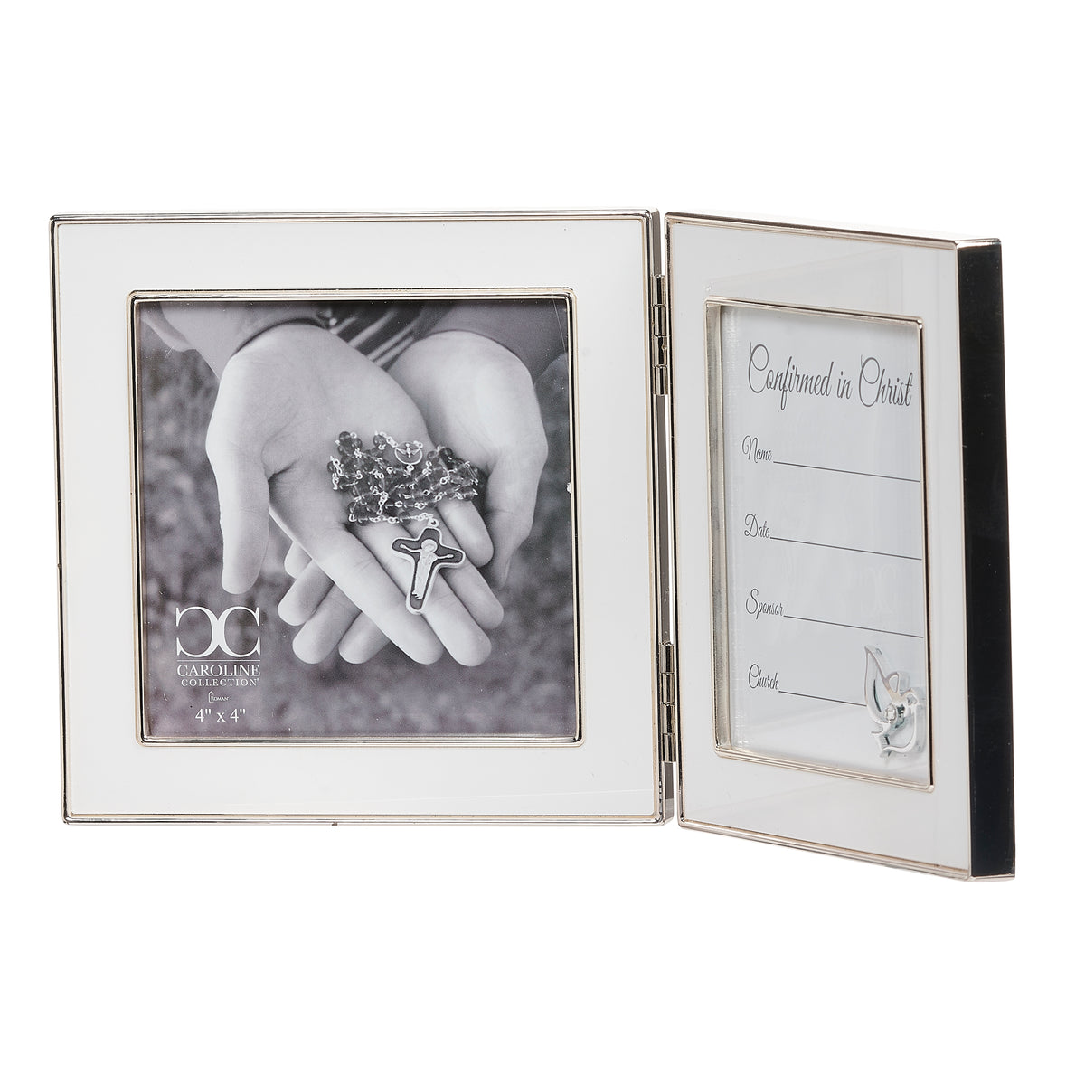 Front angled view of Caroline Collection Confirmation Hinged Memory Picture Frame showing the hinged two-panel design with photo and certificate spaces