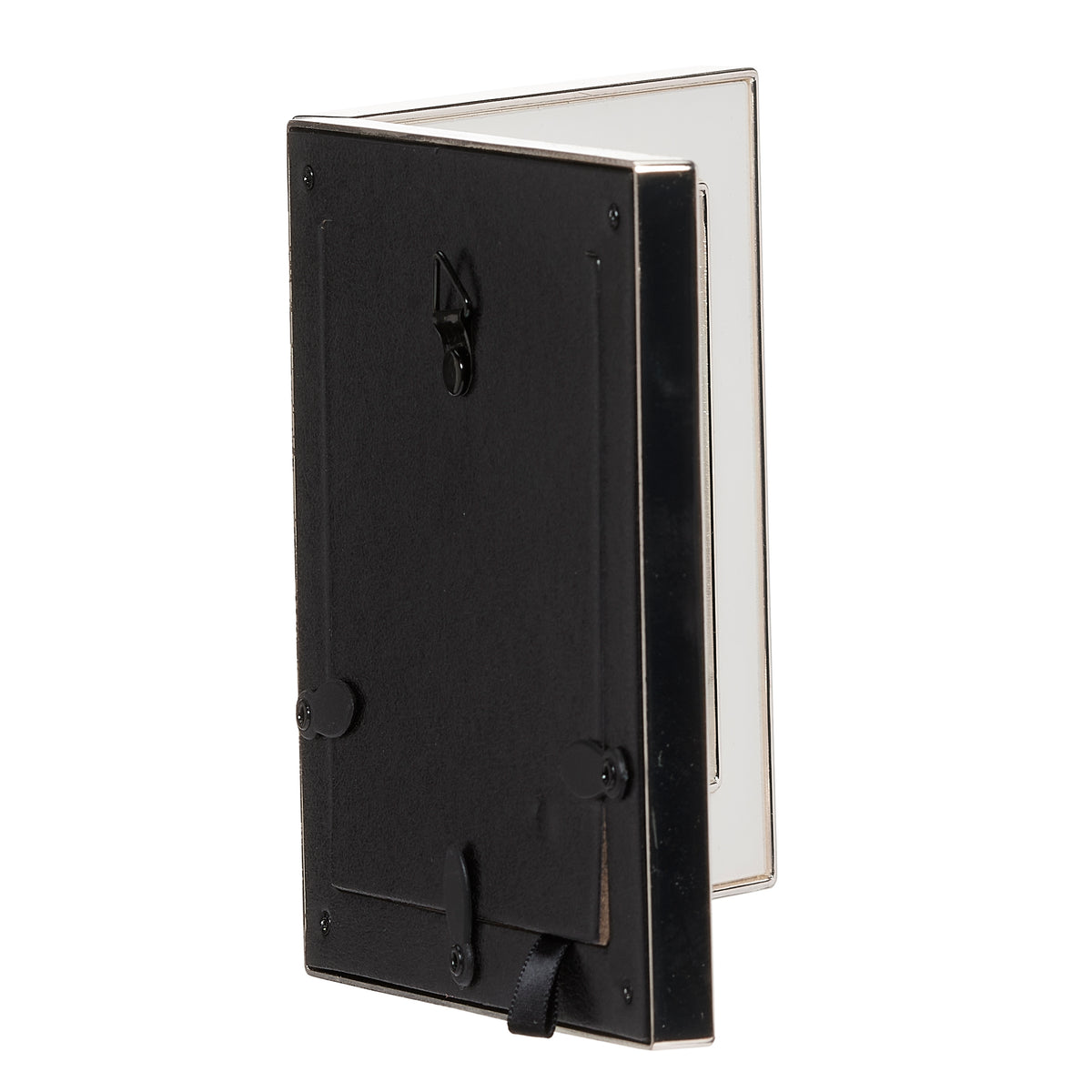 Side view of Caroline Collection Confirmation Hinged Memory Picture Frame shown folded closed with black backing and hinge details