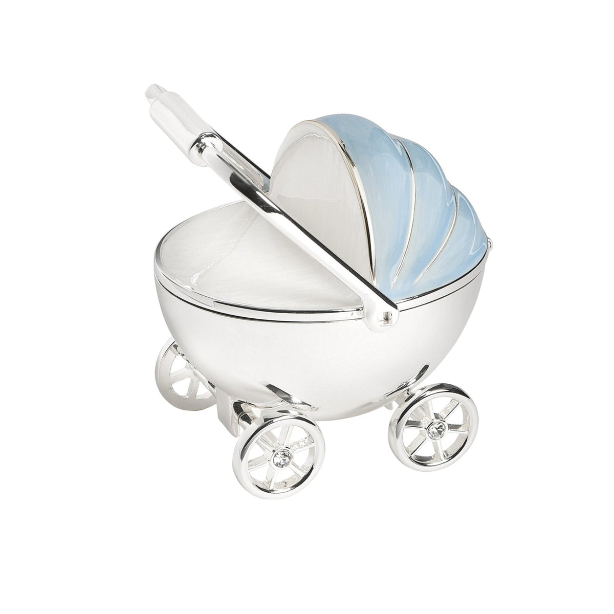 Angled view of Caroline Collection Baby Carriage Keepsake Box showing the blue-accented canopy, polished silver-tone body, open lid, and ornate wheels