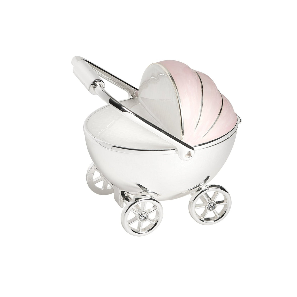 Angled view of Caroline Collection Baby Carriage Keepsake Box showing the pink-accented canopy, polished silver-tone body, and decorative carriage wheels