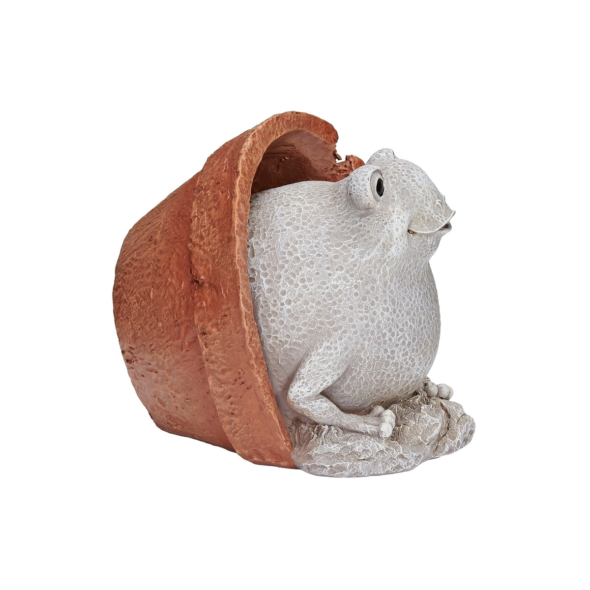 Opposite side view of Pudgy Pals Frog in Pot Garden Statue showing the frog peeking from the rustic pot