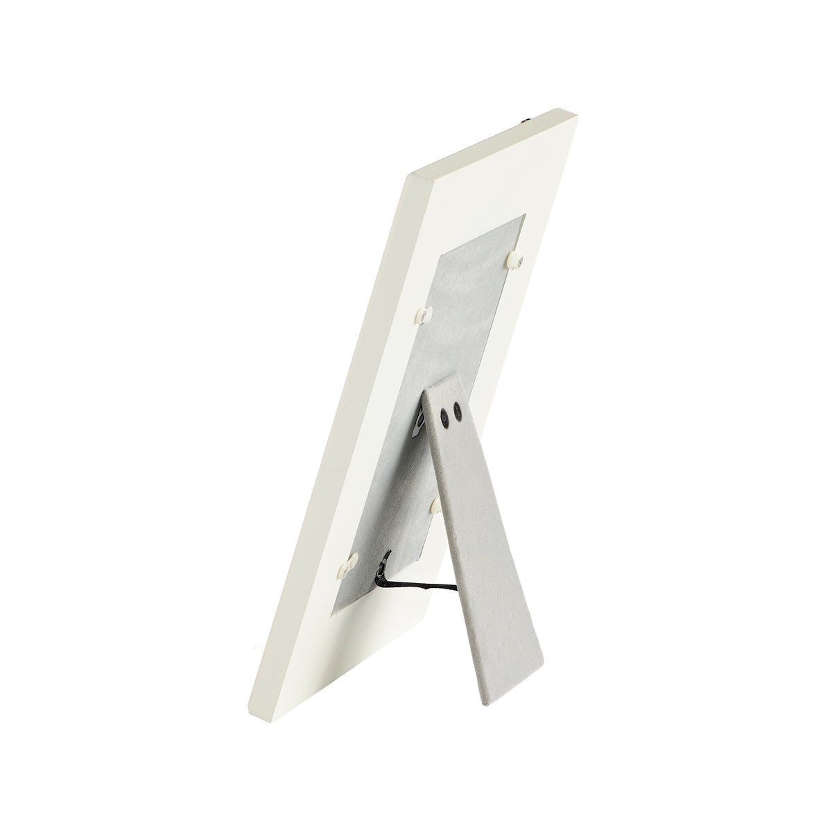 Side view of double heart picture frame showing its white profile and extended easel stand.