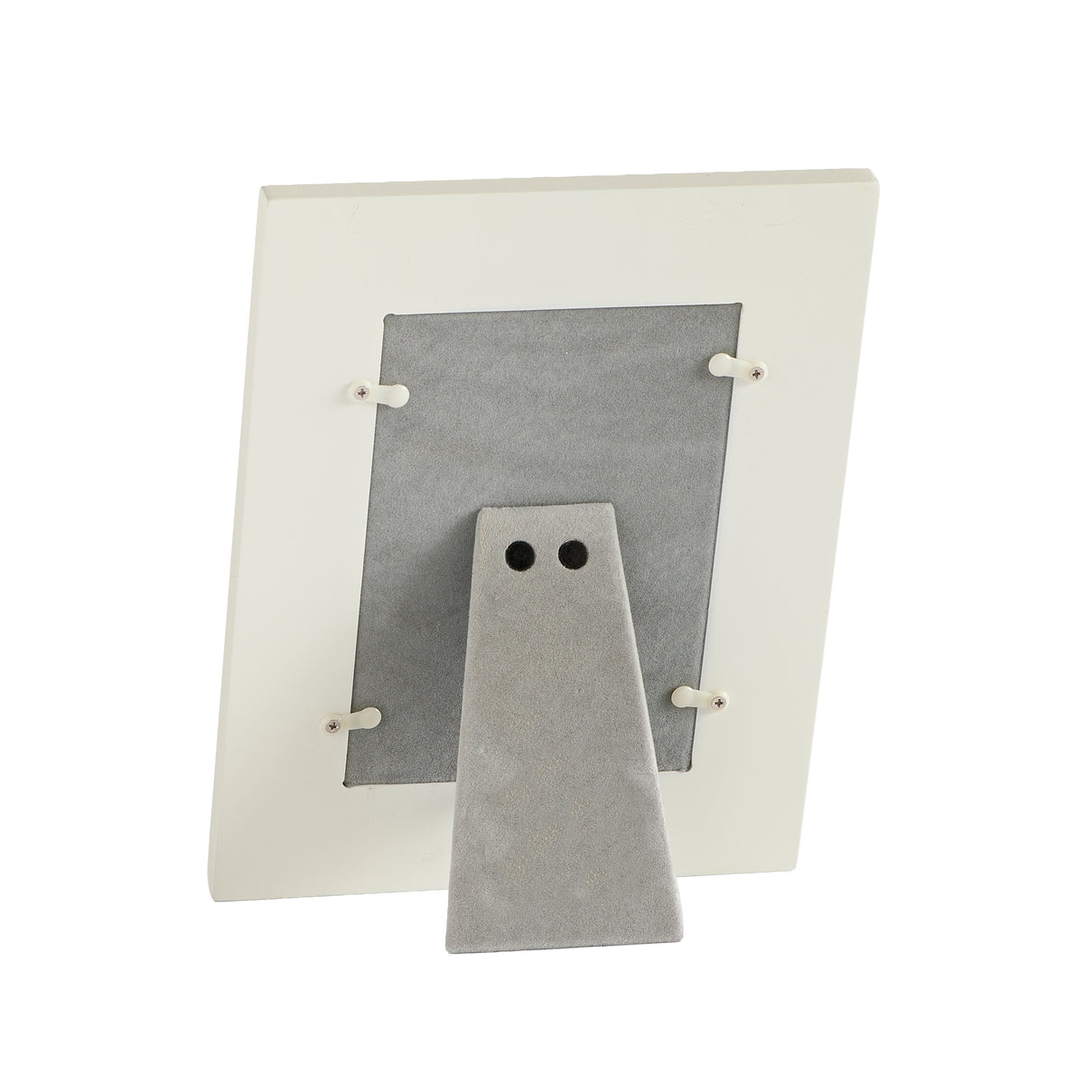 Rear view of double heart picture frame showing the gray backing, retaining tabs, and fold-out stand.