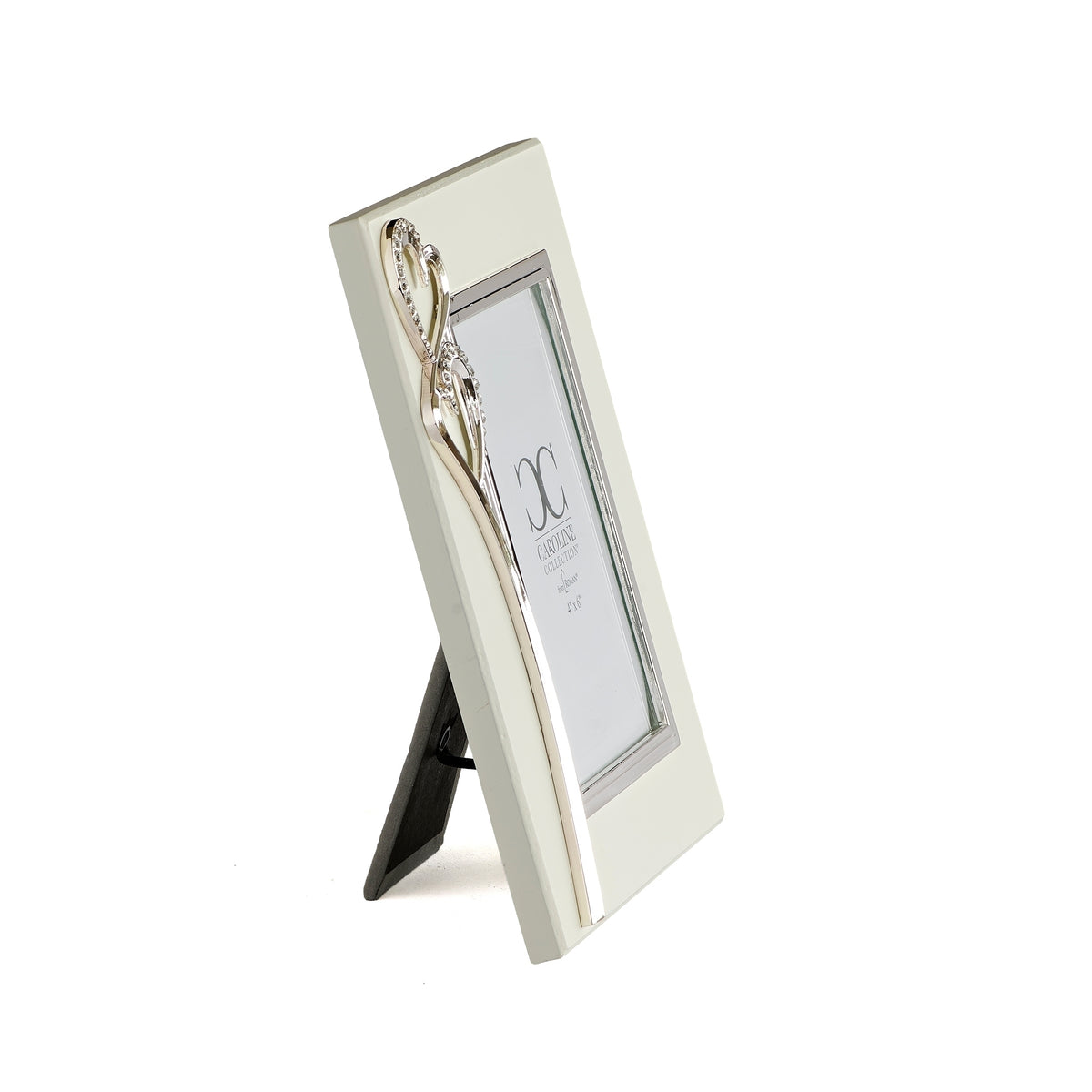 Angled front view of double heart picture frame showing the raised silver-toned hearts and curved decorative stem.