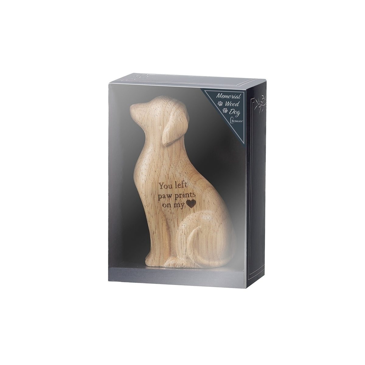 Paw Prints on My Heart Wooden Dog Memorial Figure displayed in gift packaging
