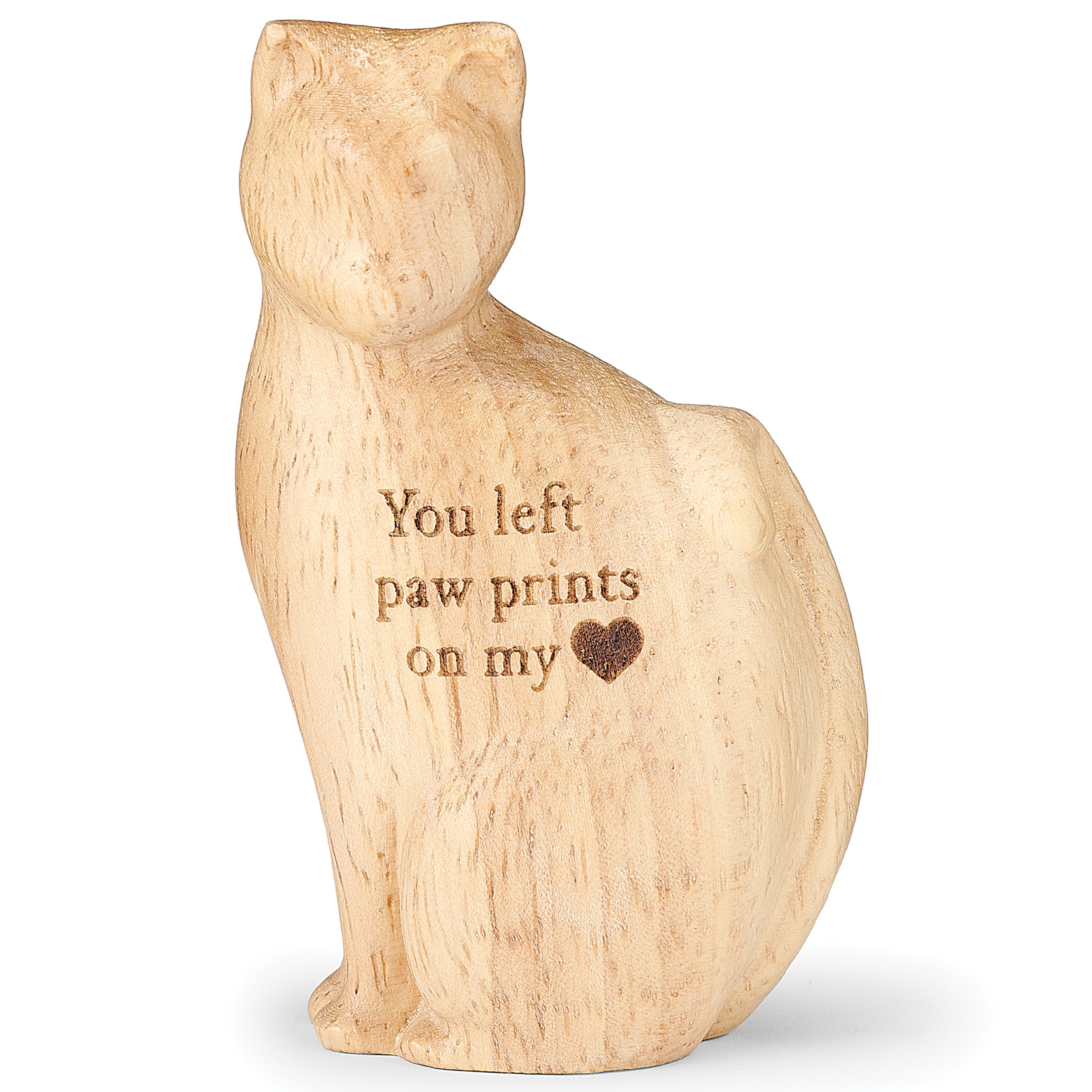 Wooden cat figurine with engraved text on a white background