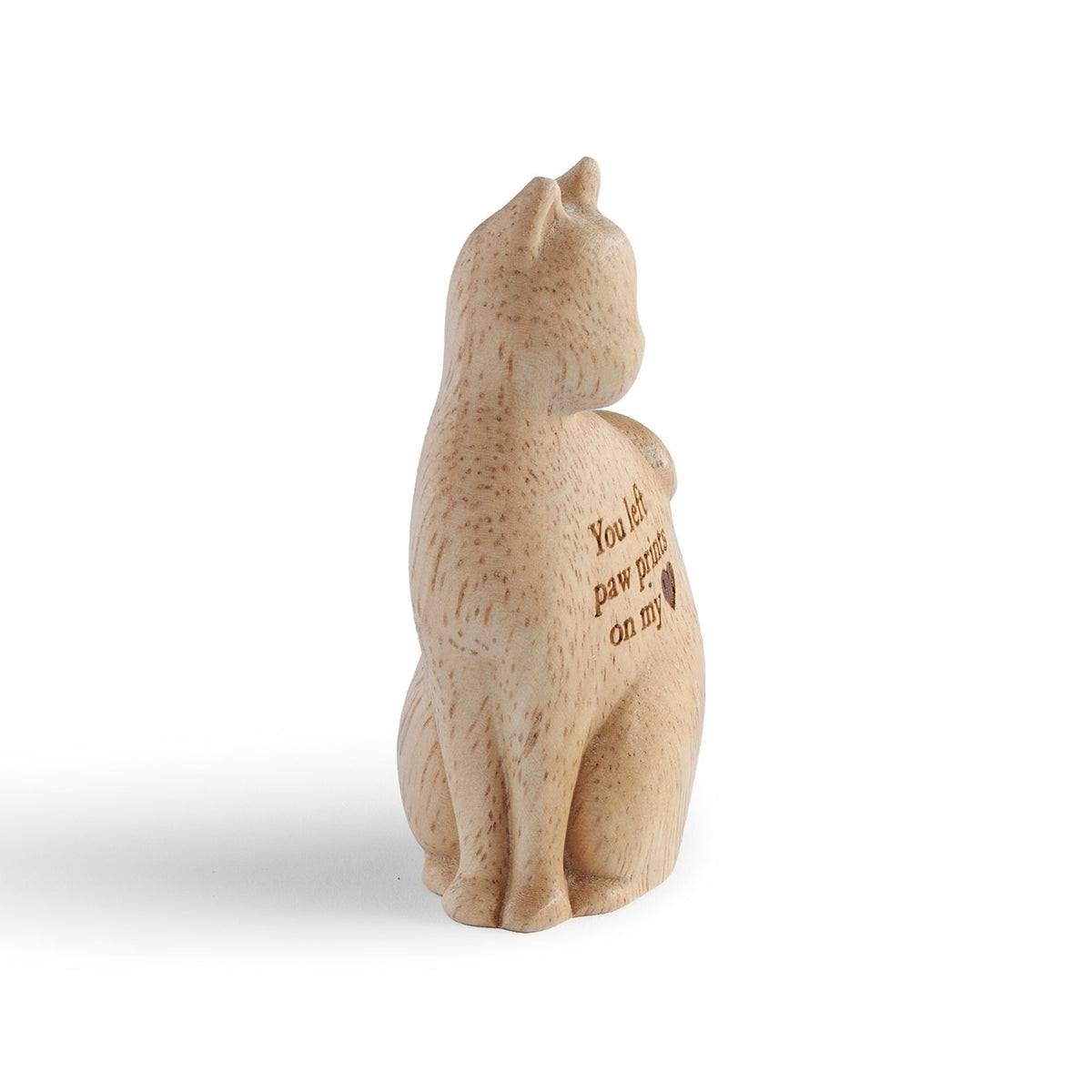 Angled view of Wooden Cat Memorial Figure showing natural wood grain and cat silhouette