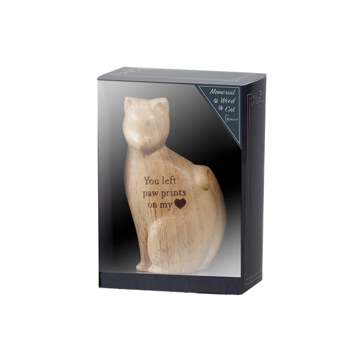 Paw Prints on My Heart Wooden Cat Memorial Figure displayed in gift packaging