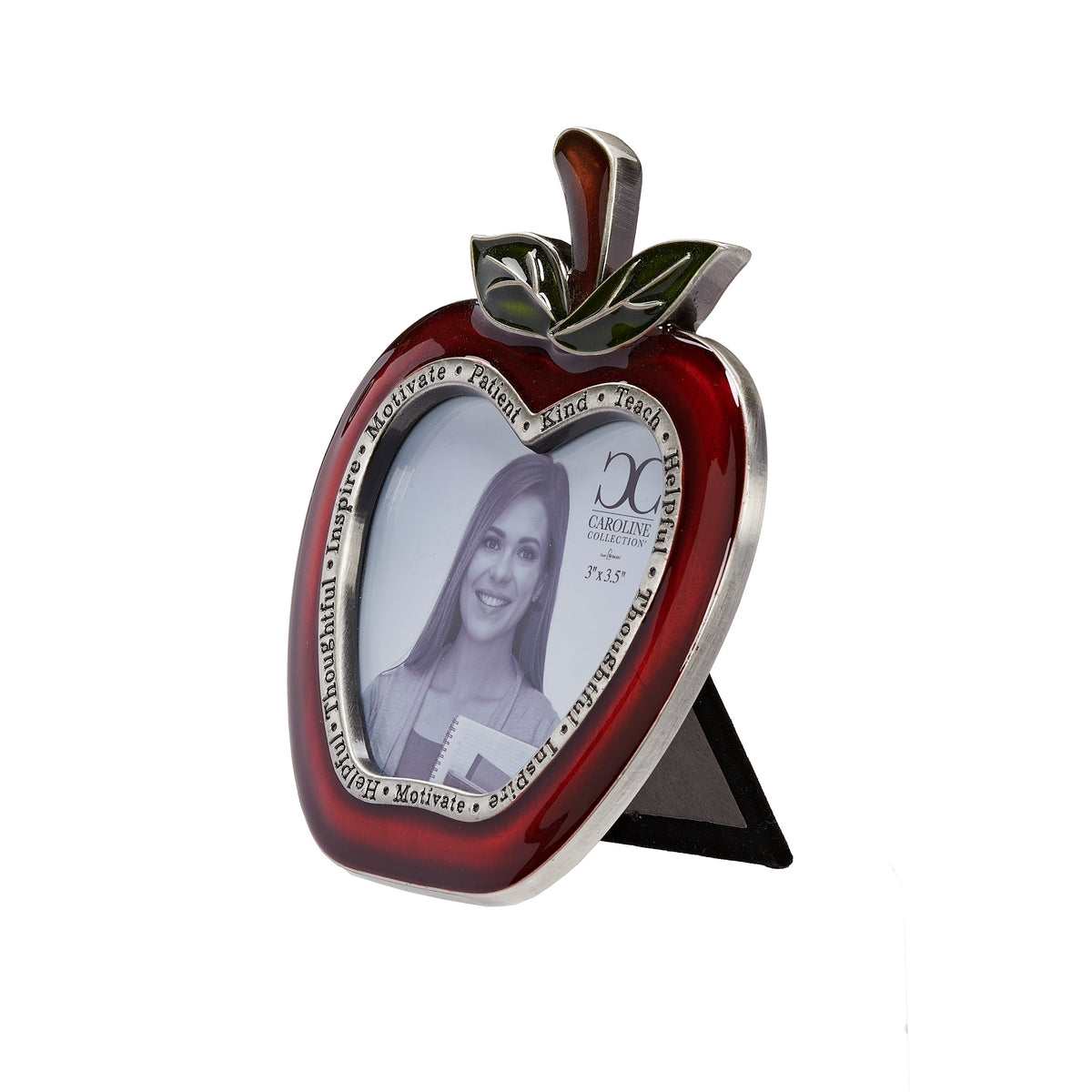 Angled front view of red apple teacher frame showing its curved shape and black easel stand.