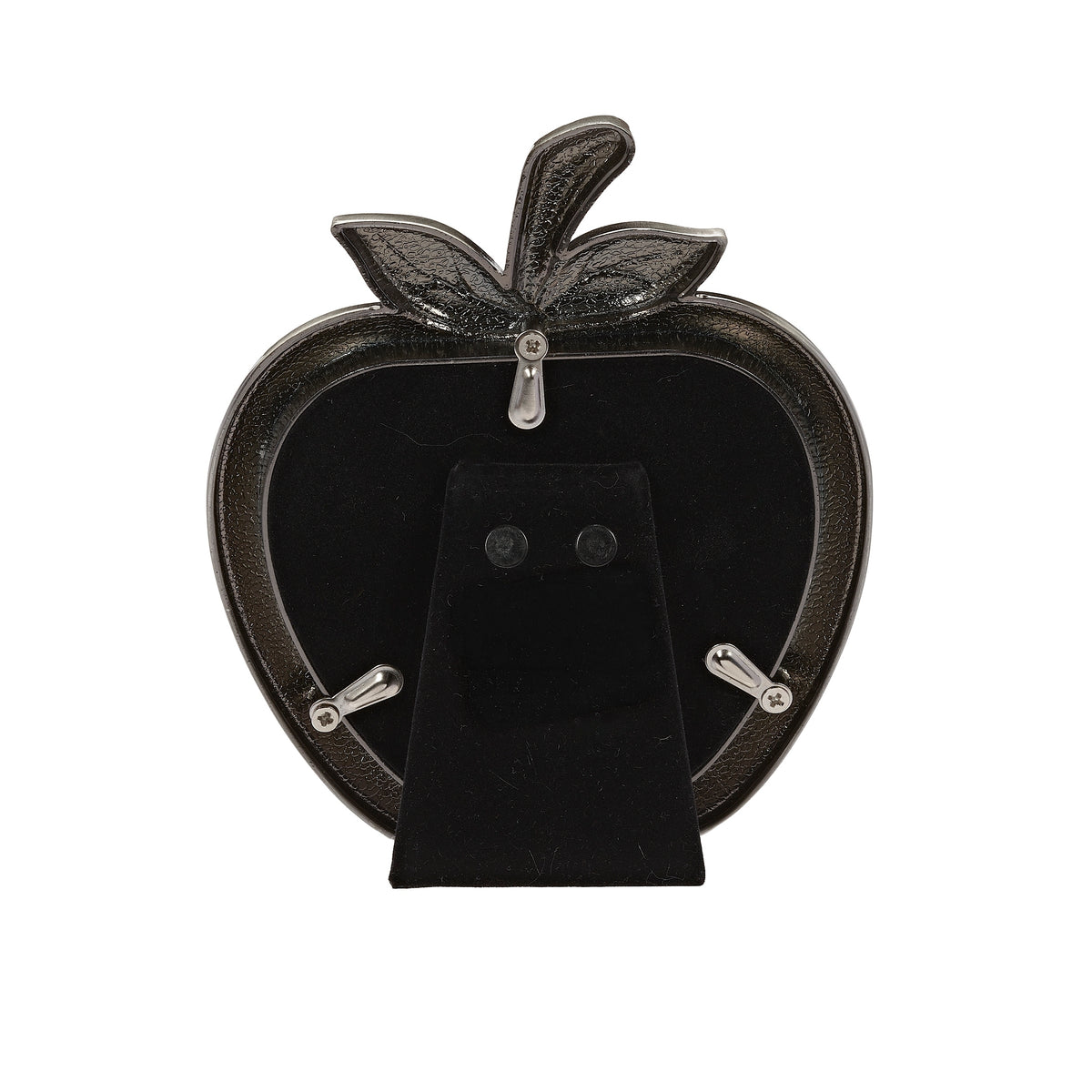 Rear view of apple picture frame showing the black photo backing, retaining tabs, and fold-out stand.