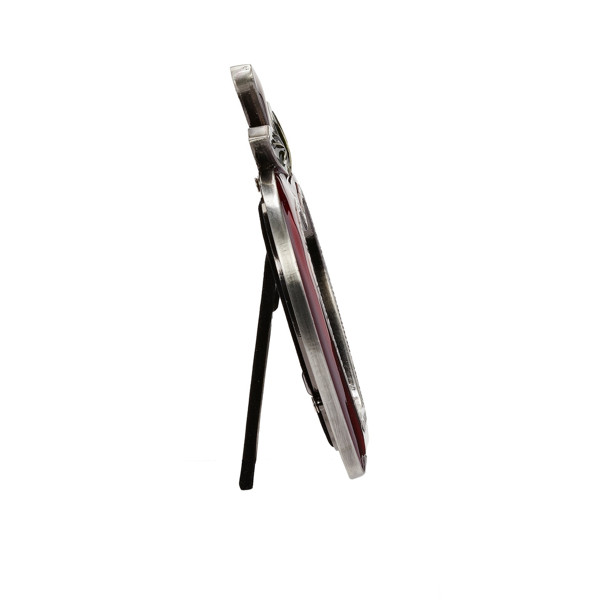 Side view of apple picture frame showing its slim metal profile and extended easel support.
