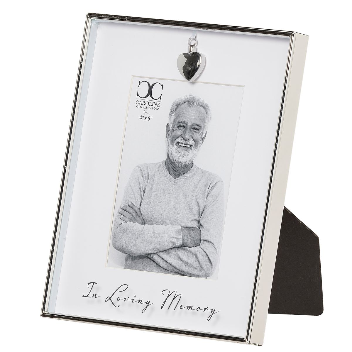 Front angled view of Caroline Collection Memorial Heart Urn Picture Frame showing the silver-tone frame and tabletop easel stand