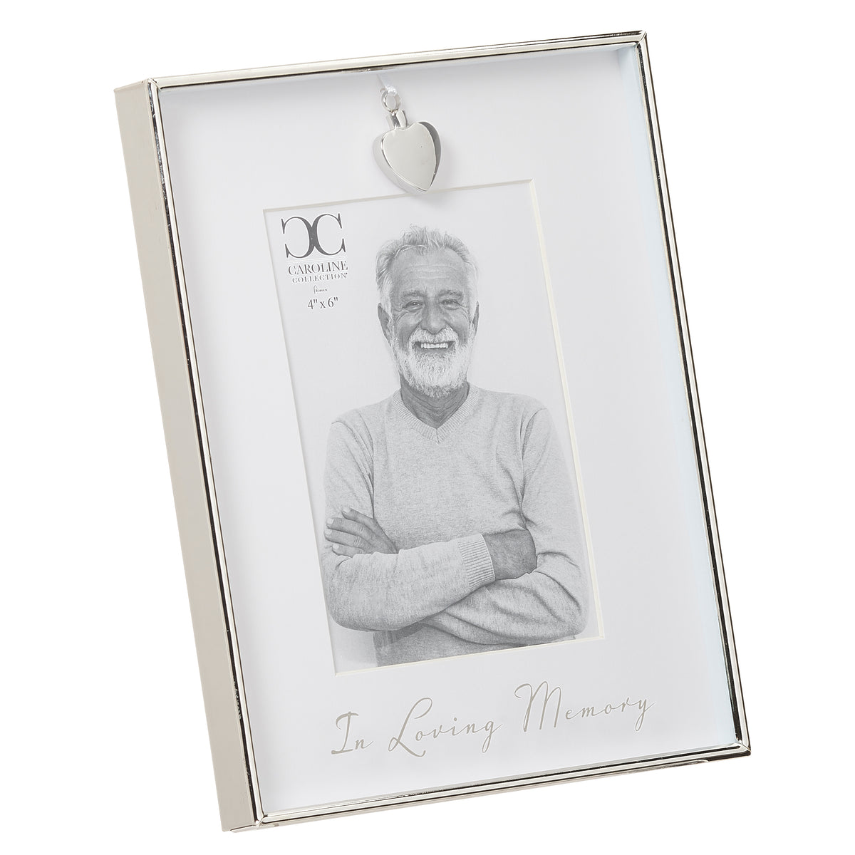 Alternate front angled view of Caroline Collection Memorial Heart Urn Picture Frame showing the heart urn detail, memorial message, and silver-tone border