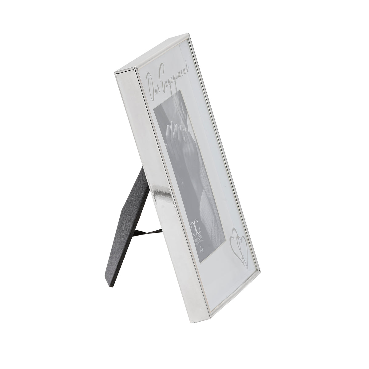 Side view of engagement picture frame supported upright by its extended black easel stand.