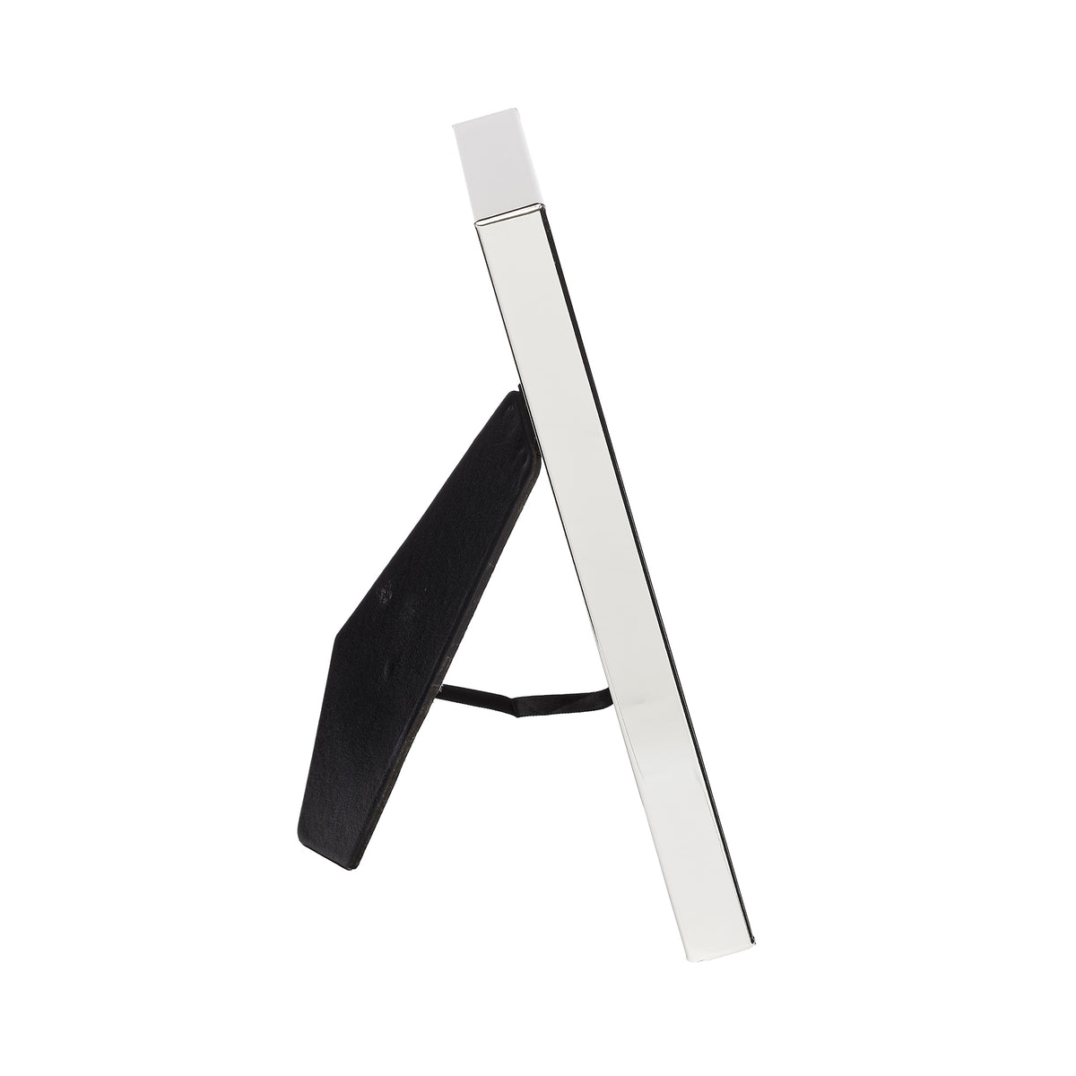 Side view of wedding picture frame showing its slim silver-toned edge and extended black easel stand.