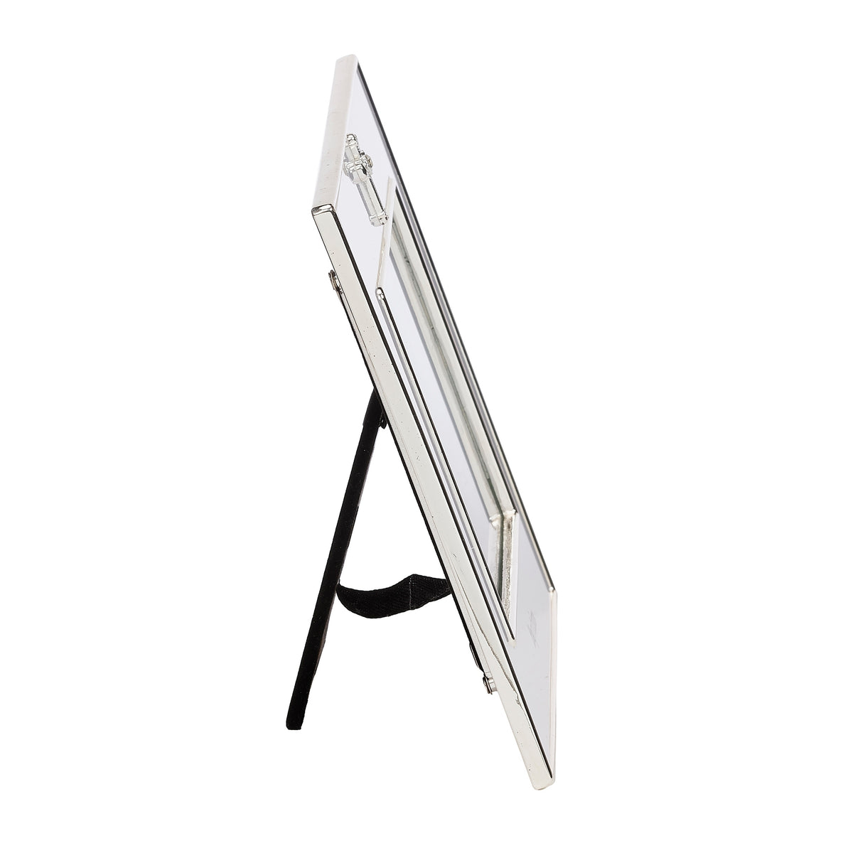 Side view of Caroline Collection Baptism Classic Crystal Cross Picture Frame showing the slim frame profile and open tabletop easel stand