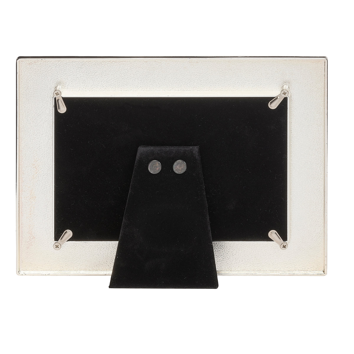 Back view of Caroline Collection Baptism Classic Crystal Cross Picture Frame showing the black backing and fold-out easel stand